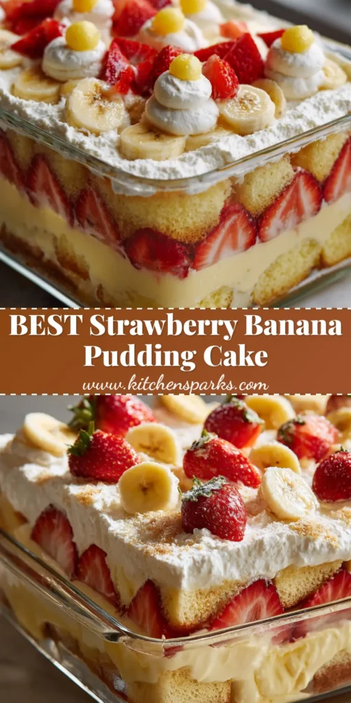A tall slice of Strawberry Banana Pudding Cake showing distinct layers of cake, yellow pudding, and red berries.