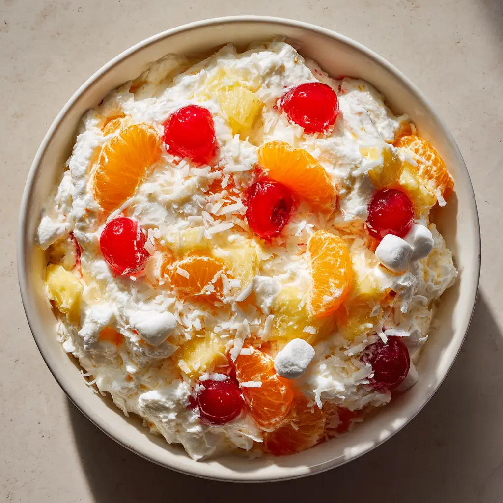 Close up detail of pillowy marshmallows and shredded coconut in a Better Than Sex Fruit Salad.