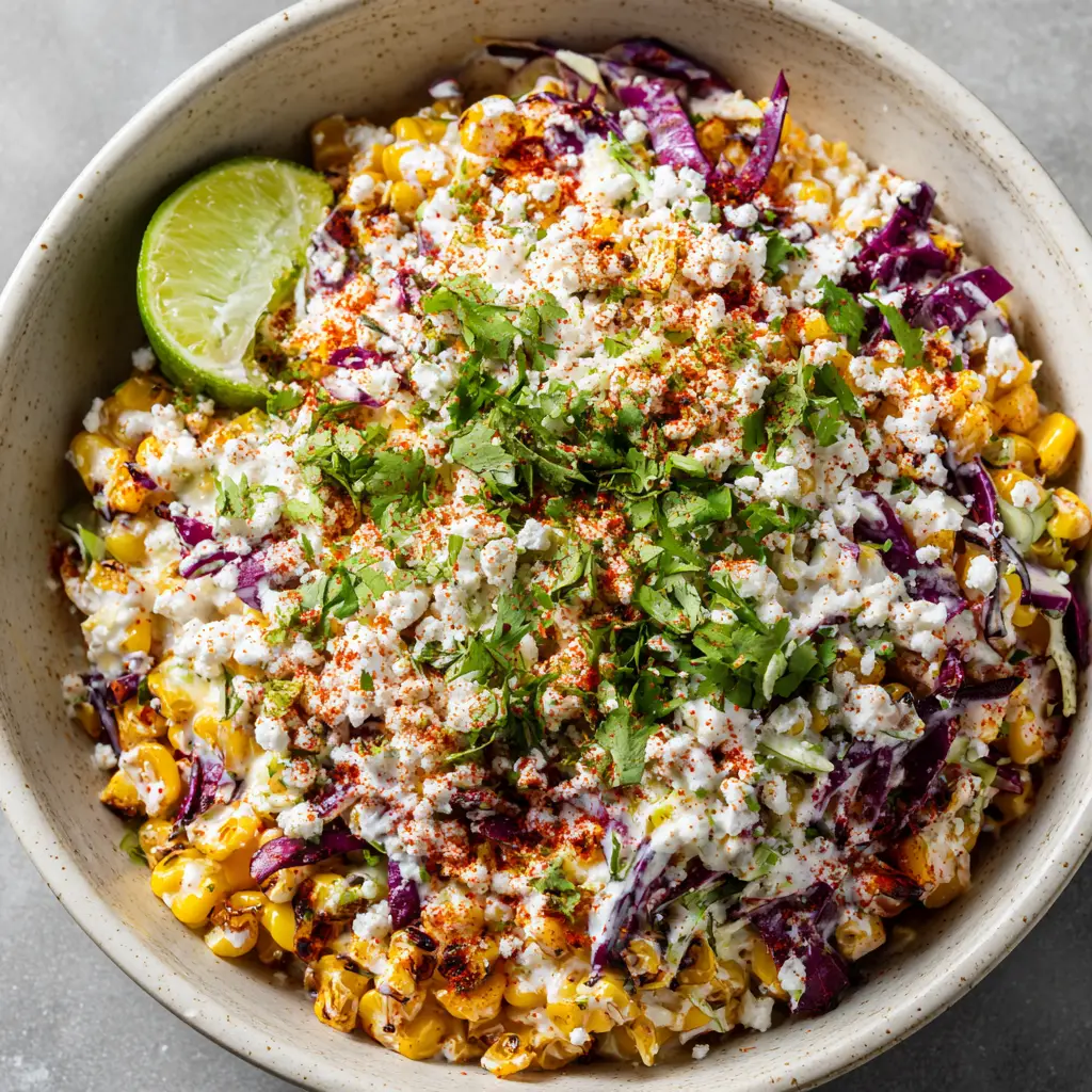 Close up shot of Mexican Street Corn Salad showing the texture of charred kernels and creamy lime-crema sauce.