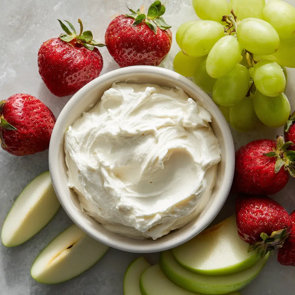A top-down smartphone photo of white Marshmallow Cream Cheese Fruit Dip in a ceramic bowl with fresh fruit. (Marshmallow Cream Cheese Fruit Dip)