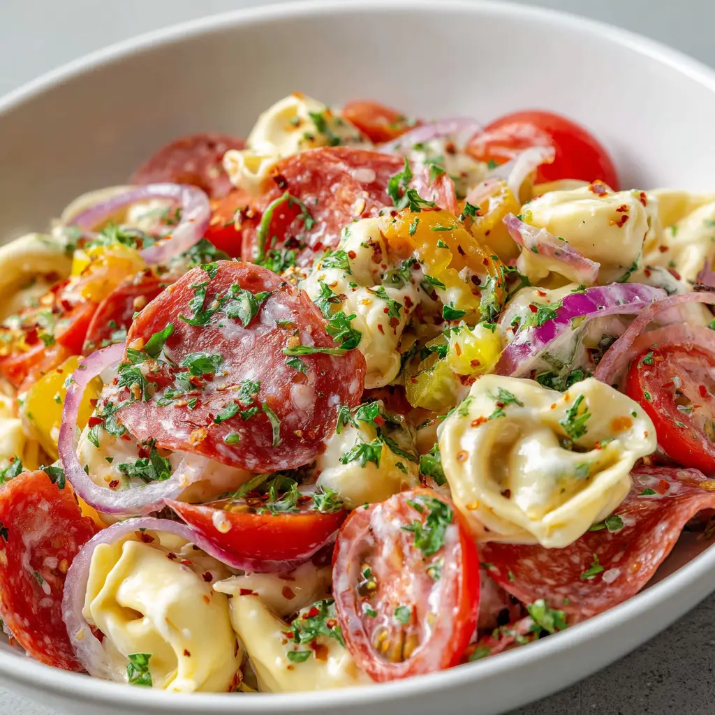 Close-up handheld photo of Italian Grinder Tortellini Salad in a ceramic bowl showing creamy dressing and red pepper flakes.