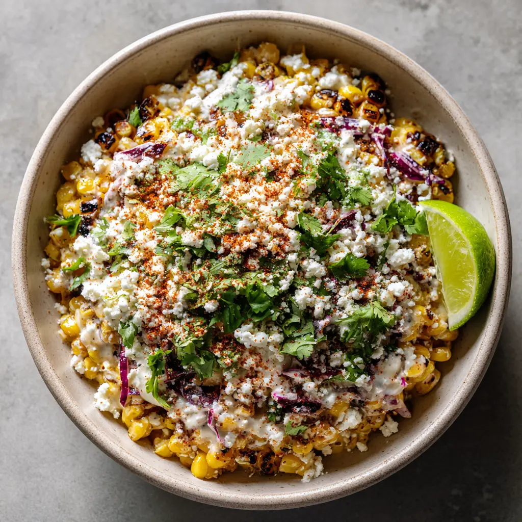 Top down ceramic bowl of Mexican Street Corn Salad garnished with chili powder and cilantro.