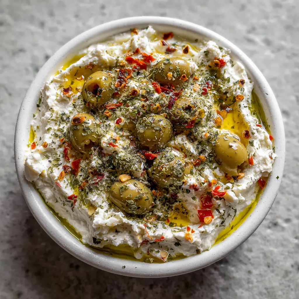 A handheld smartphone photo of Creamy Feta and Green Olive Dip garnished with oregano.