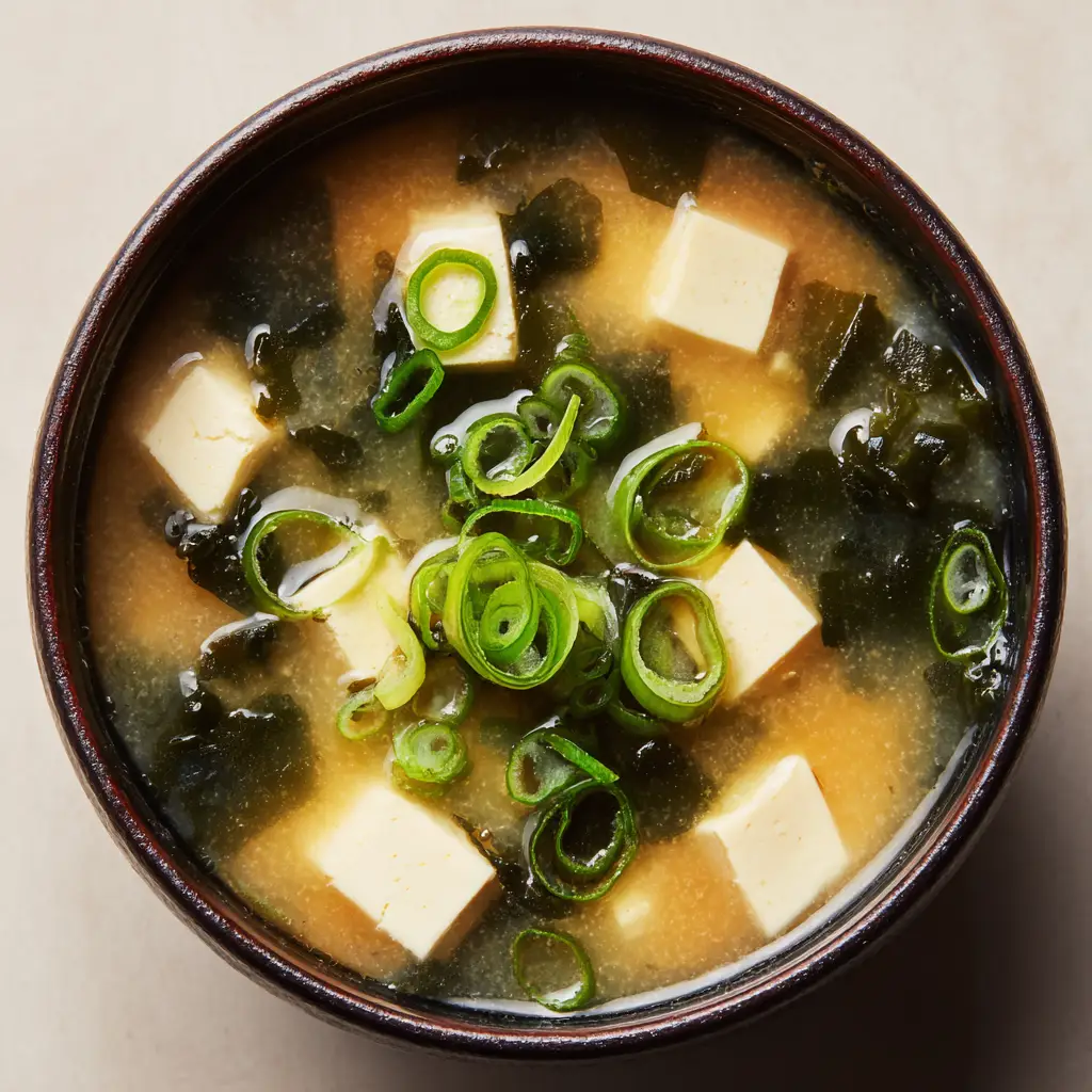 Overhead view of homemade miso soup highlighting uniform silken tofu cubes and vibrant green scallions floating in a savory golden dashi broth.