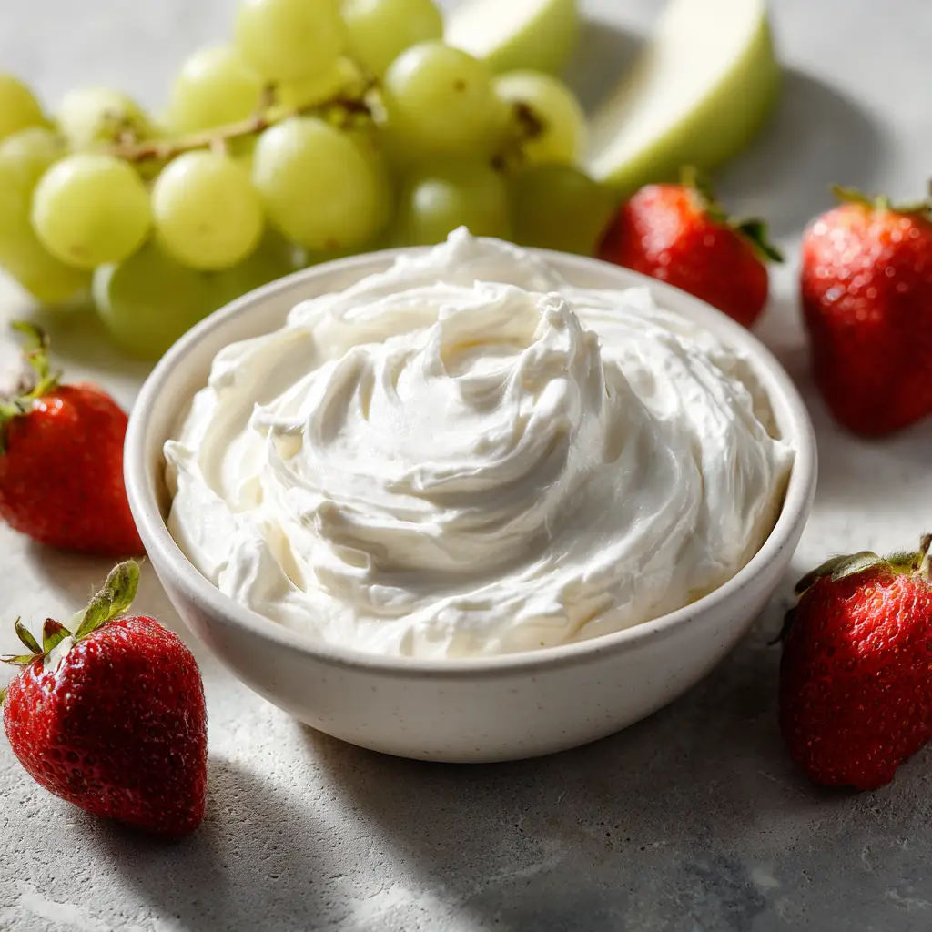 Close up shot showing the whipped texture of Marshmallow Cream Cheese Fruit Dip with green apple wedges nearby.