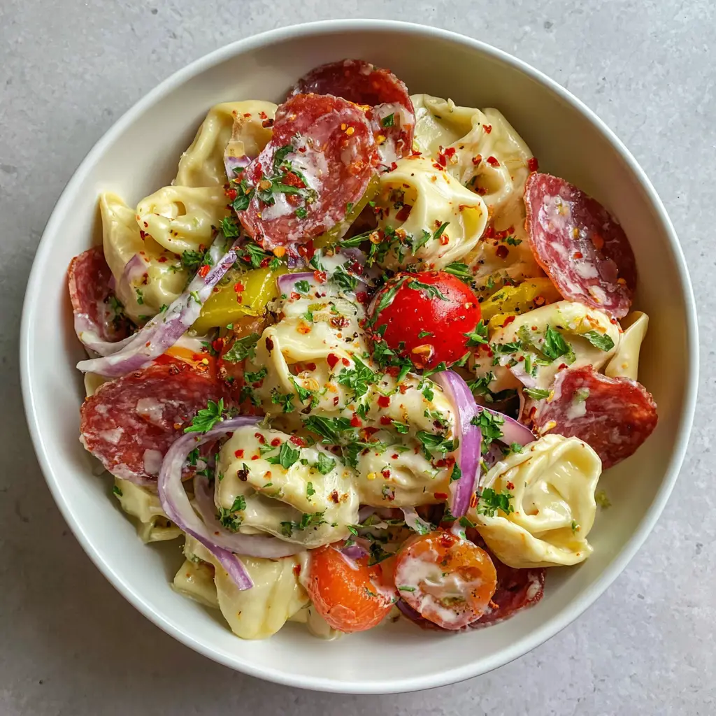 Italian Grinder Tortellini Salad with Creamy Herb Dressing 1 A wide shot of the Italian Grinder Tortellini Salad on a gray surface, highlighting the folded salami and yellow pepperoncini.
