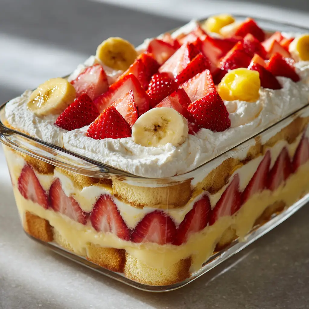 Top view of the Strawberry Banana Pudding Cake with whipped cream texture and strawberry halves garnish.