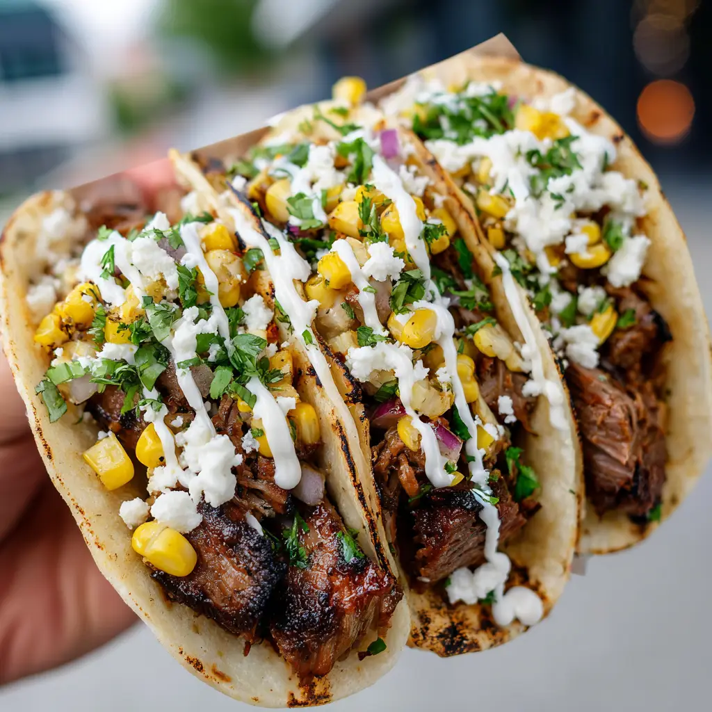 Three Smoky Brisket Elote Tacos held in a hand featuring dark-brown beef and fresh cilantro garnish.