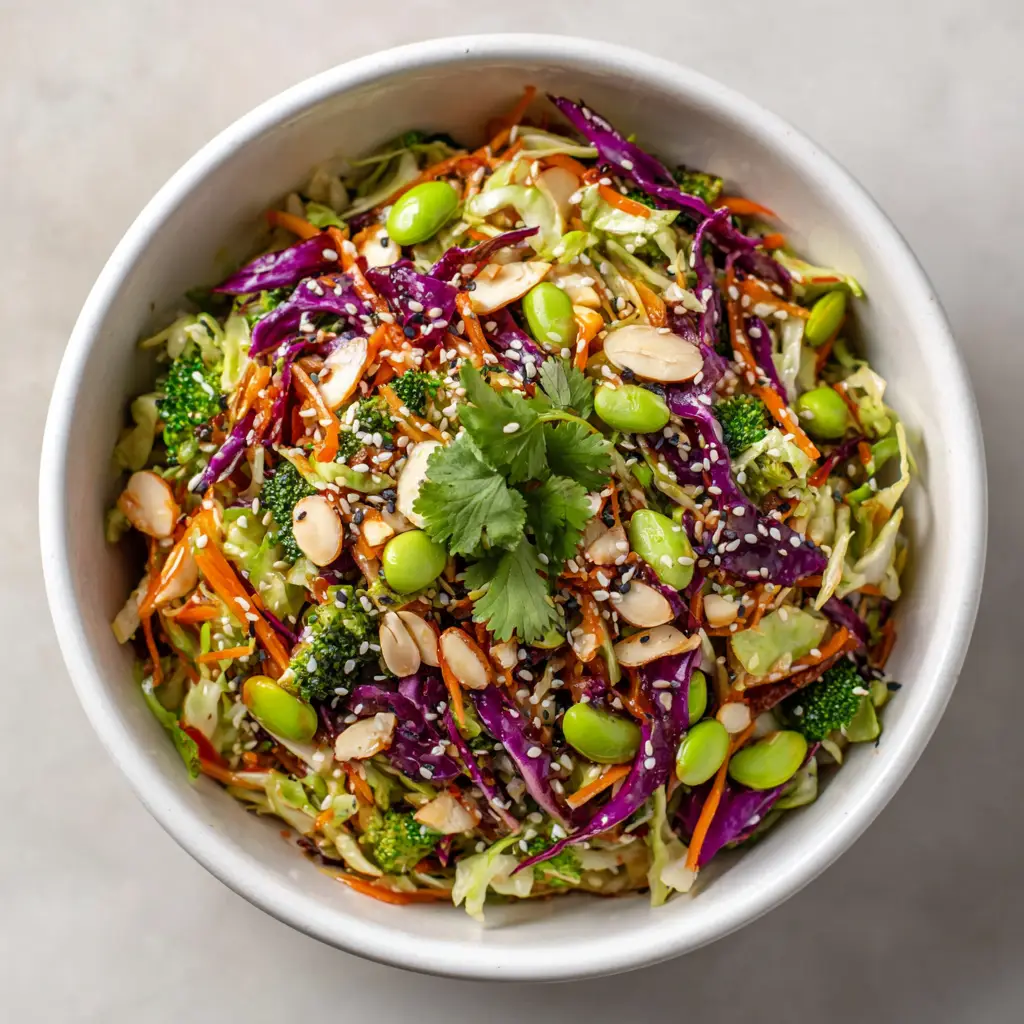 Asian Cabbage Salad: The Ultimate Crunchy Sesame Ginger Slaw 2 A close-up shot of an Asian Cabbage Salad showing the texture of the shredded cabbage and almond slivers. (Asian Cabbage Salad)