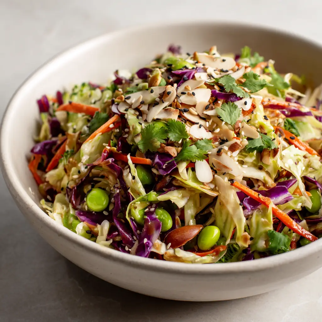 Asian Cabbage Salad: The Ultimate Crunchy Sesame Ginger Slaw 1 A wide shot of the Asian Cabbage Salad on a stone countertop with soft side lighting.