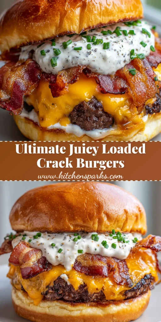 A handheld gourmet Crack Burger featuring a thick beef patty, melted orange cheddar, and crispy wavy bacon with ranch dressing. (Crack Burgers)