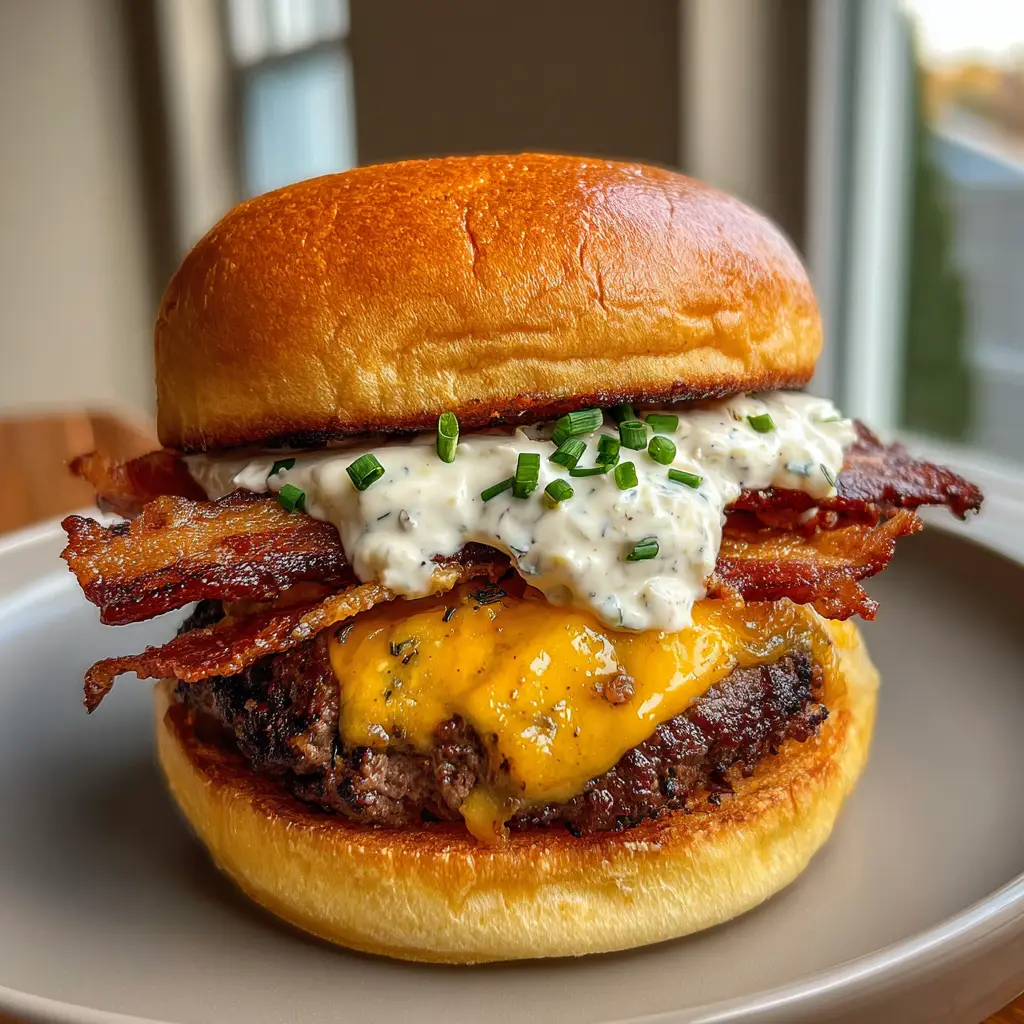 Close up shot of a gourmet loaded Crack Burger with visible melted cheddar and creamy ranch dressing on a brioche bun. (Crack Burgers)