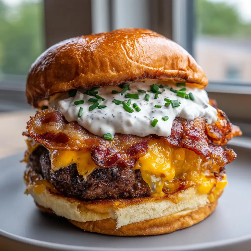 Side view of a Crack Burger showing the layers of crispy bacon and finely chopped chives. (Crack Burgers)