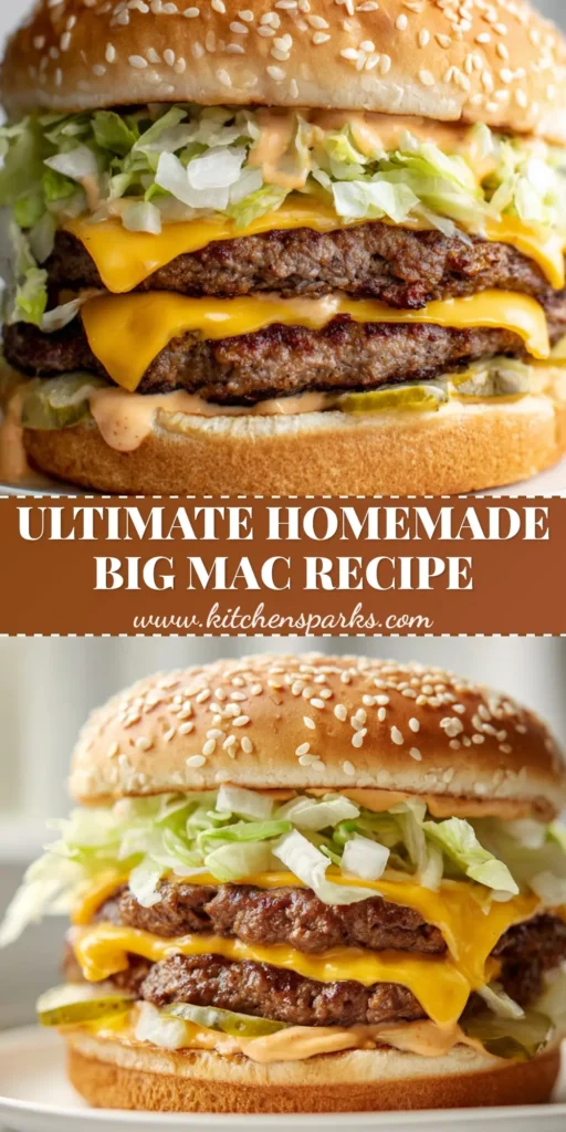 A tall, appetizing double-decker burger on a white plate, showcasing the layers of a Homemade Big Mac Recipe.