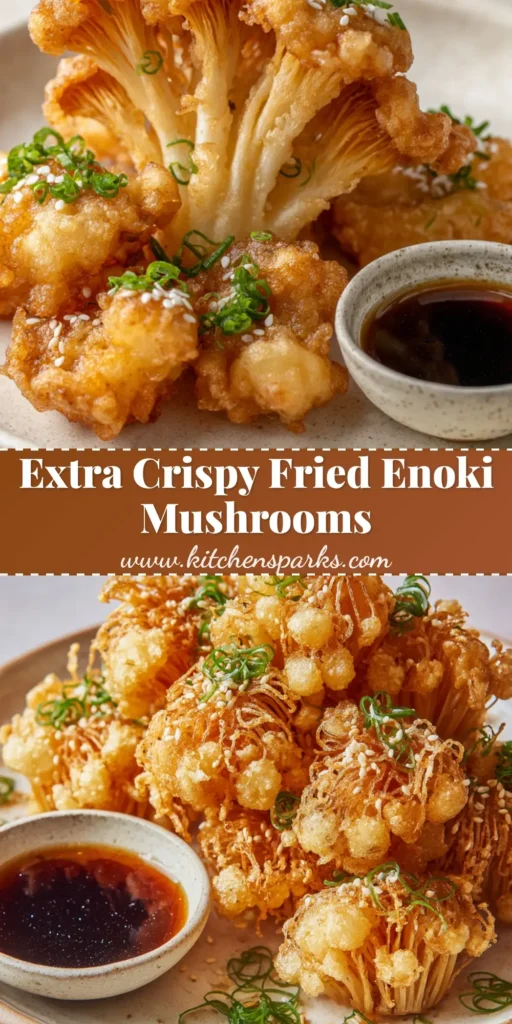 A cluster of Fried Enoki Mushrooms fanned out and thickly coated in golden-brown tempura batter on a ceramic plate.