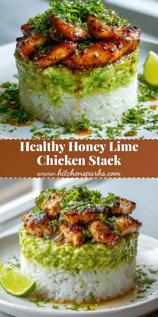 Honey Lime Chicken Stack: The Ultimate Vibrant 20-Minute Masterpiece 4 A vertical Honey Lime Chicken Stack on a white plate with cilantro lime rice, mashed avocado, and glazed chicken.