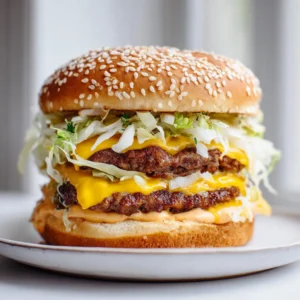 Close-up handheld photo of a double-decker burger with melted cheese and secret sauce. (Homemade Big Mac Recipe)