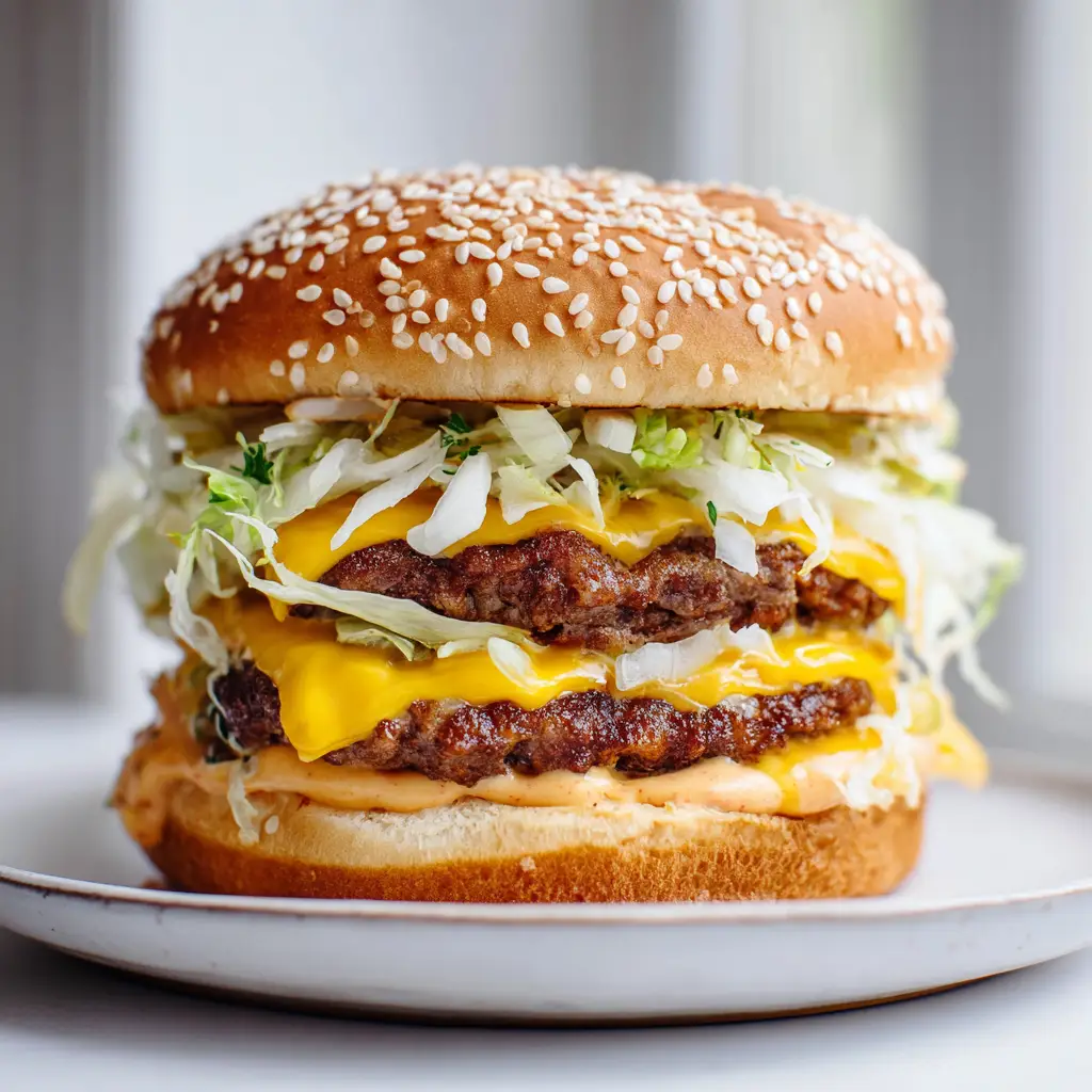 Close-up handheld photo of a double-decker burger with melted cheese and secret sauce. (Homemade Big Mac Recipe)