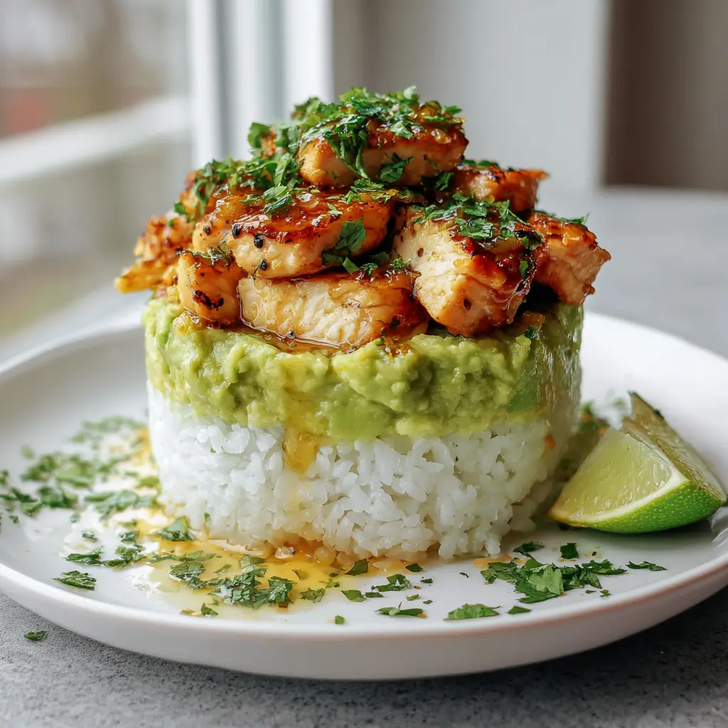Honey Lime Chicken Stack: The Ultimate Vibrant 20-Minute Masterpiece 2 A smartphone photo of a Honey Lime Chicken Stack with golden-brown chicken and vibrant green avocado.