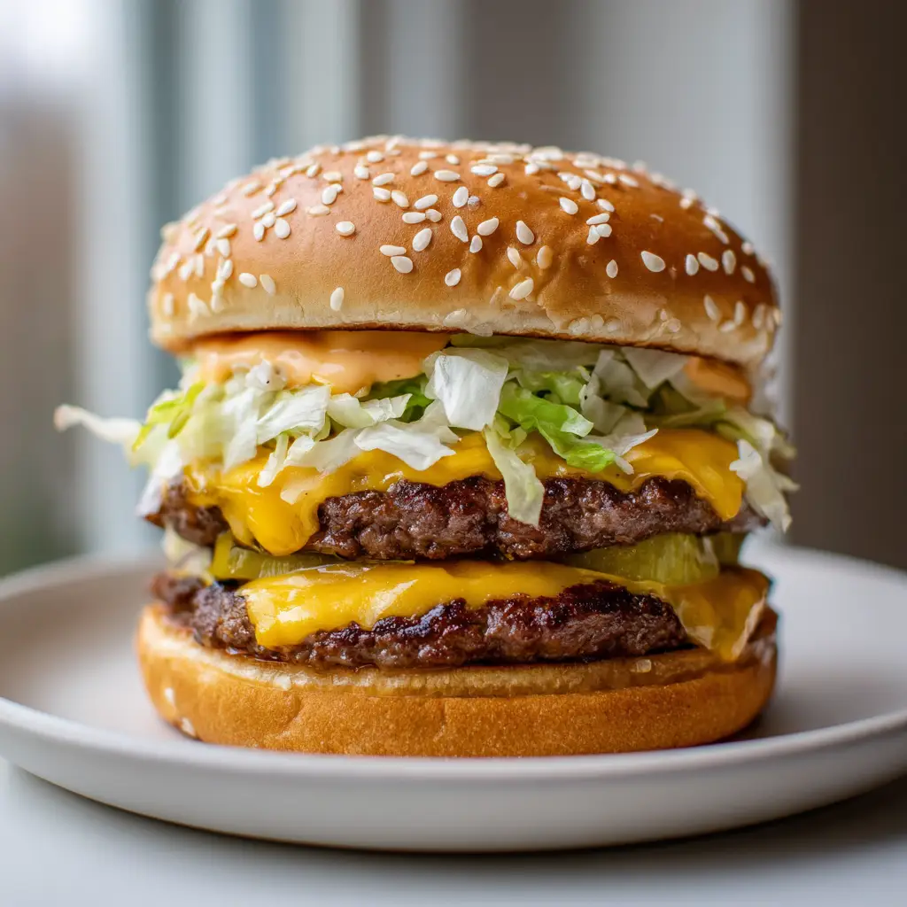 Low angle shot of a Homemade Big Mac Recipe burger showing the three-part bun and shredded lettuce.