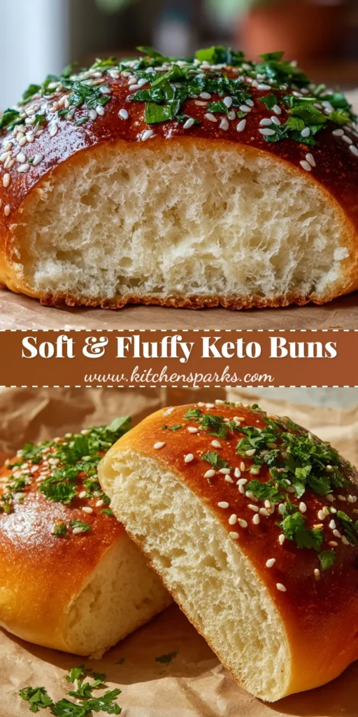 Keto Burger Buns: The Ultimate Fluffy Low-Carb Recipe with a Glossy Golden Crust 4 A stack of golden-brown Keto Burger Buns with glossy tops, sesame seeds, and fresh parsley on parchment paper.