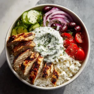 A handheld smartphone photo of a single white ceramic bowl filled with a deconstructed chicken gyro over fluffy white jasmine rice. (Chicken Gyro Bowls)