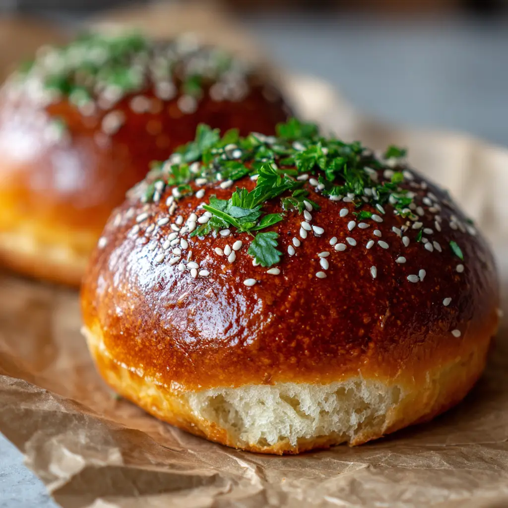 Keto Burger Buns: The Ultimate Fluffy Low-Carb Recipe with a Glossy Golden Crust 1 Top view of a golden-brown Keto Burger Bun garnished with white sesame seeds and finely chopped fresh parsley.