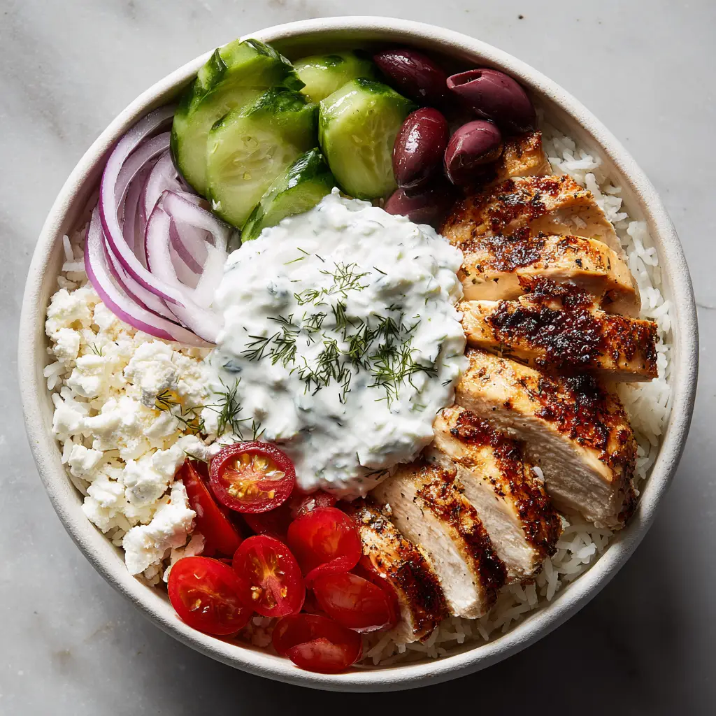 Chicken Gyro Bowls: The Ultimate Mediterranean Rice Bowl Recipe 1 Close up view of seared herb-seasoned chicken breast and fresh Mediterranean vegetables in a Chicken Gyro Bowl.