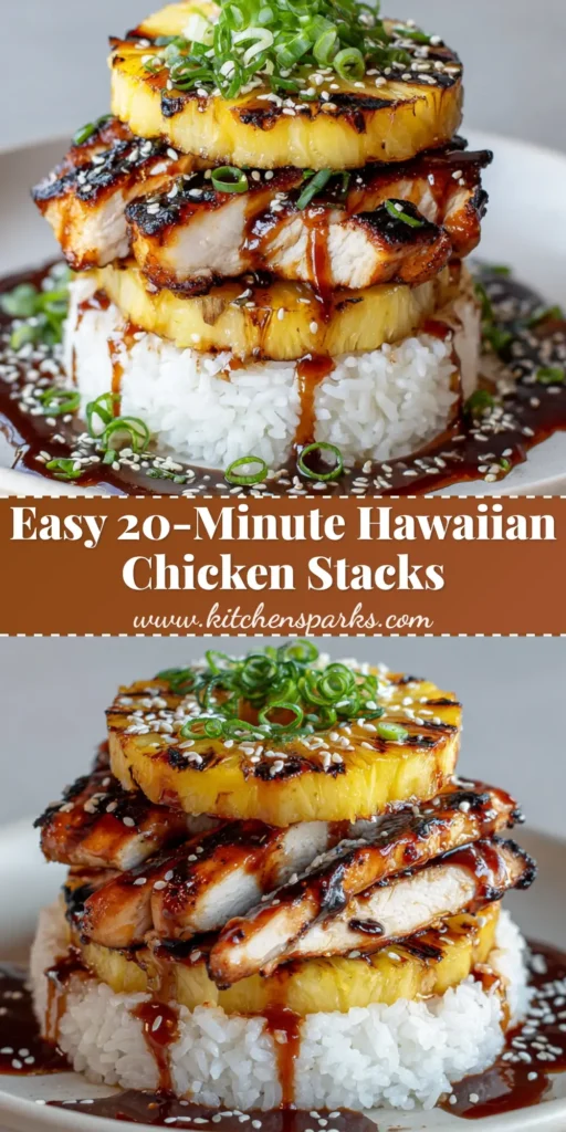 Hawaiian Huli Huli Chicken Stack with Grilled Pineapple and Teriyaki Glaze 4 A tall food stack featuring a mound of rice, charred Hawaiian Huli Huli Chicken, melted cheese, and a grilled pineapple ring with thick teriyaki drizzle.