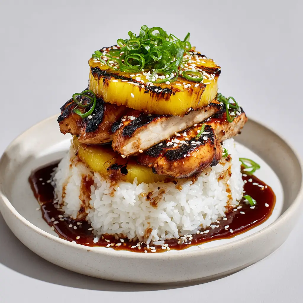 Hawaiian Huli Huli Chicken Stack with Grilled Pineapple and Teriyaki Glaze 2 Close up of a Hawaiian Huli Huli Chicken breast with dark char marks and a mahogany glaze on a white plate.