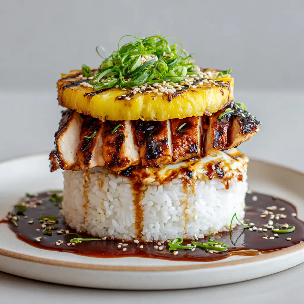 Hawaiian Huli Huli Chicken Stack with Grilled Pineapple and Teriyaki Glaze 1 A side view of the vertical stack showing the layers of rice, chicken, melted white cheese, and a grilled pineapple ring.