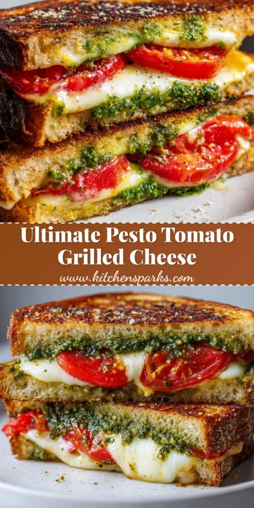 A close-up of a Pesto Tomato Grilled Cheese sliced diagonally on a matte white plate with a golden-brown sourdough crust.