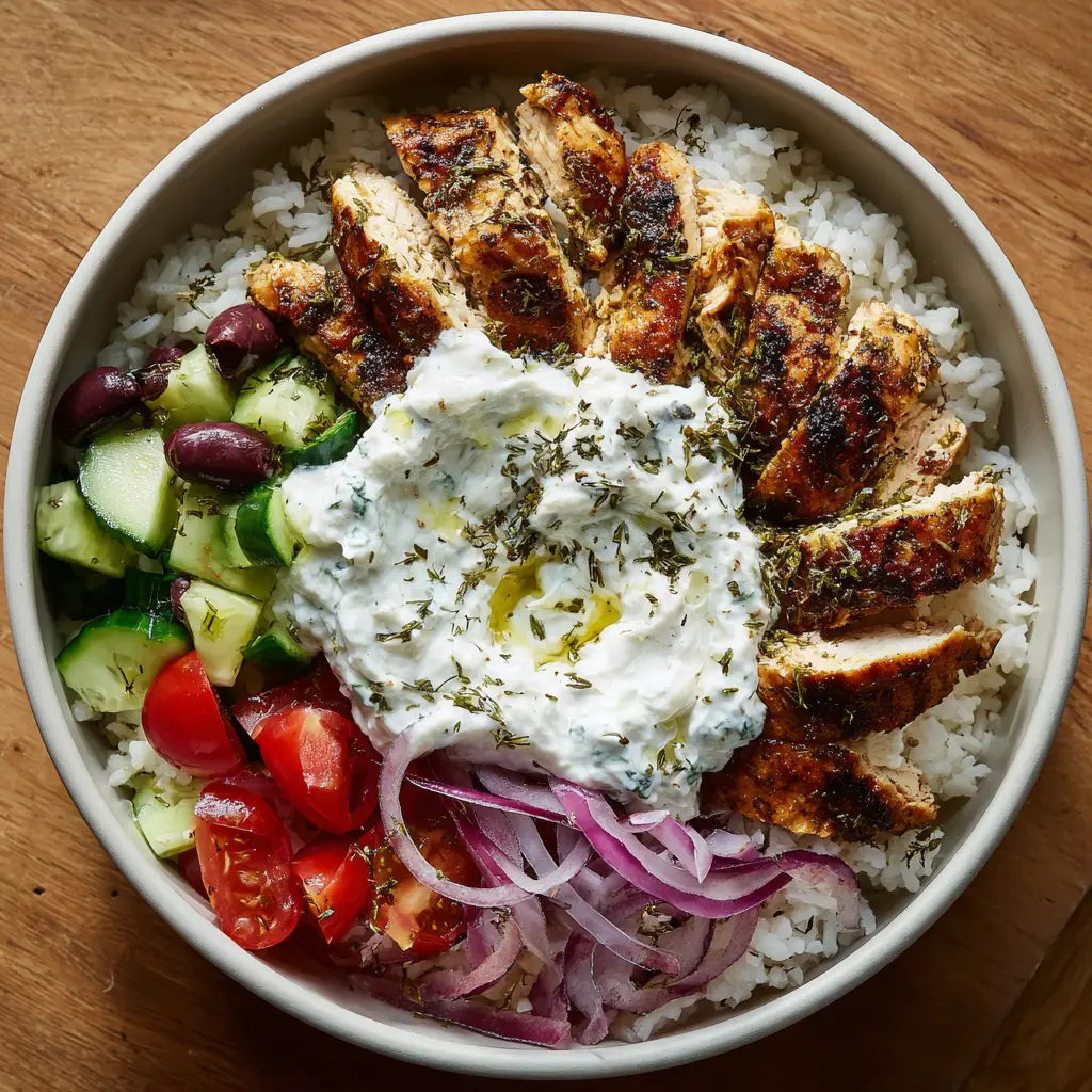 Chicken Gyro Bowls with Fluffy Rice and Creamy Tzatziki 2 Close up view of Chicken Gyro Bowls showing the golden-brown herb seasoning on the chicken breast strips.