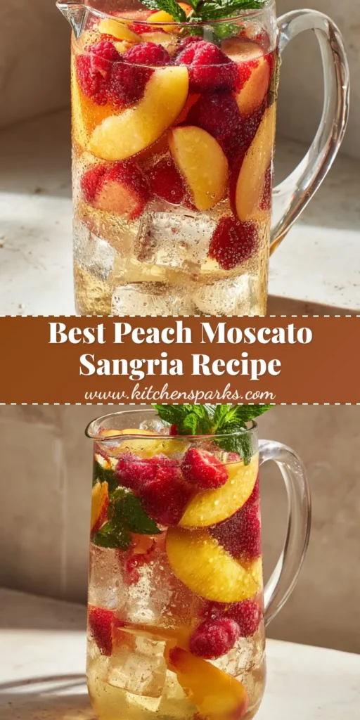 A tall glass pitcher of Peach Moscato Sangria with sliced yellow peaches, whole raspberries, and mint leaves on a stone countertop.