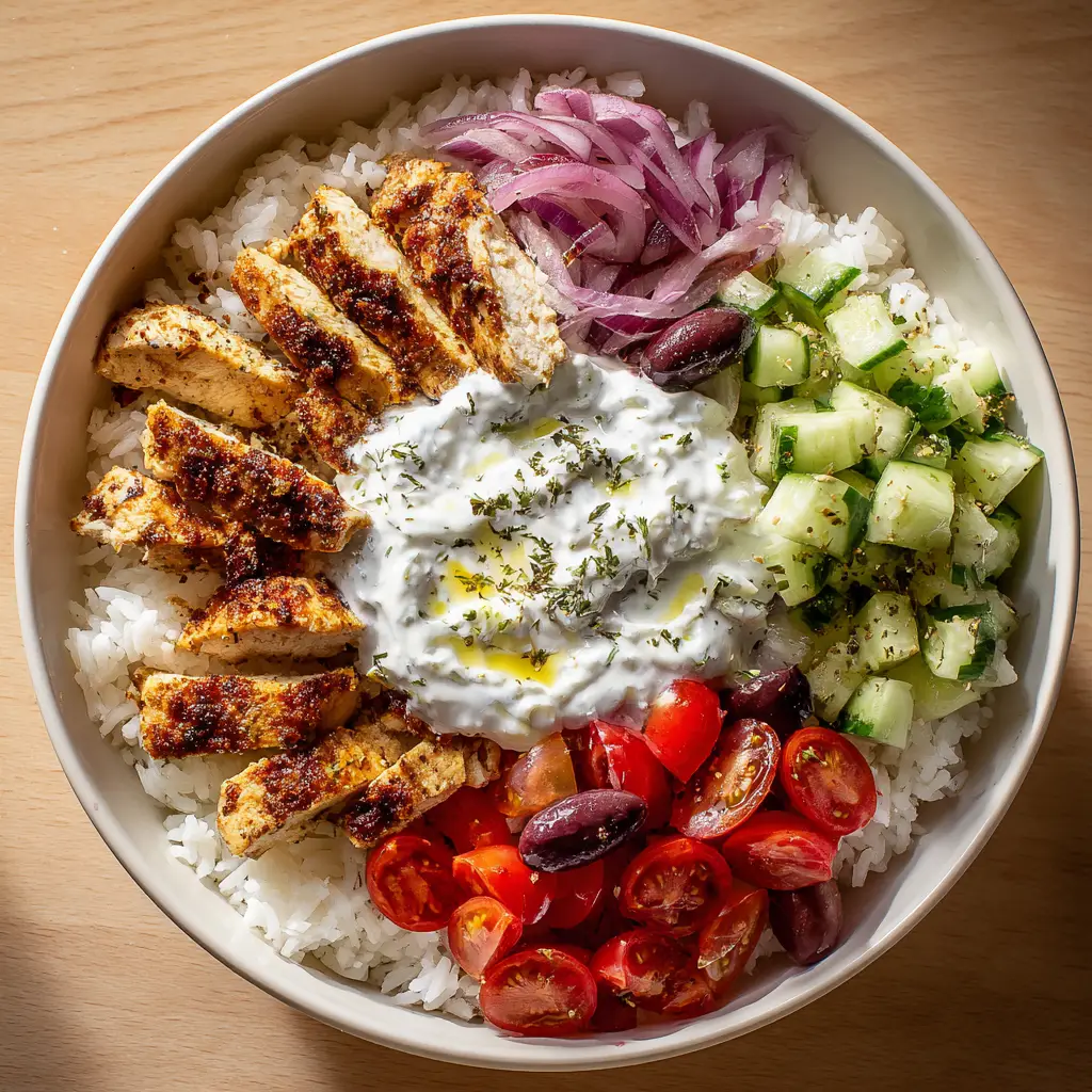 Chicken Gyro Bowls with Fluffy Rice and Creamy Tzatziki 1 Bird's eye view of Chicken Gyro Bowls with neat sections of cucumber, tomato, onion, and olives.