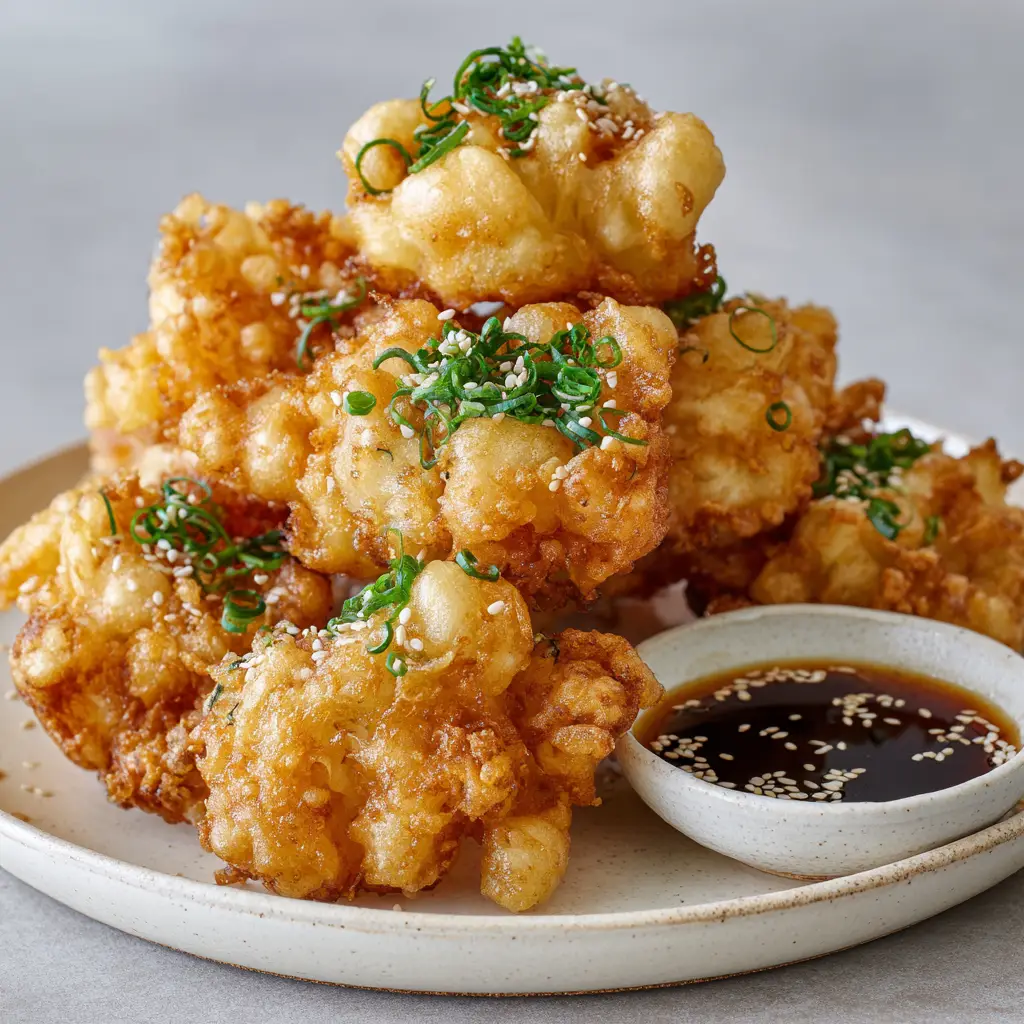 A round ramekin filled with a translucent dark brown dipping sauce placed next to fried enoki mushrooms.