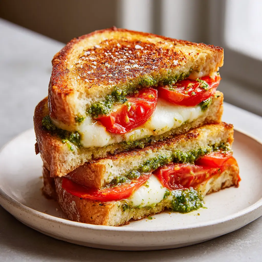 A sliced Pesto Tomato Grilled Cheese featuring vibrant red heirloom tomatoes and textured green basil pesto.