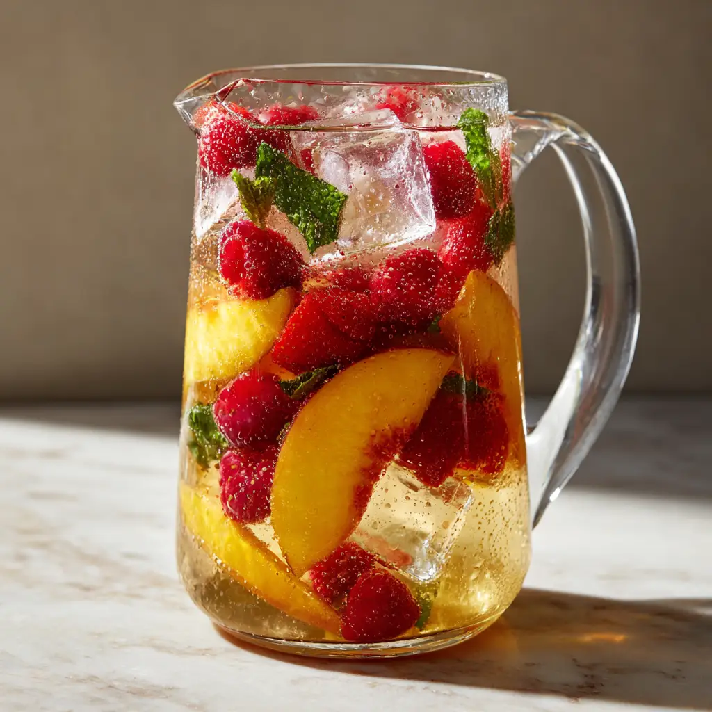 Detailed shot of Peach Moscato Sangria in a tall pitcher showing clear square ice cubes and dense layers of fresh fruit.
