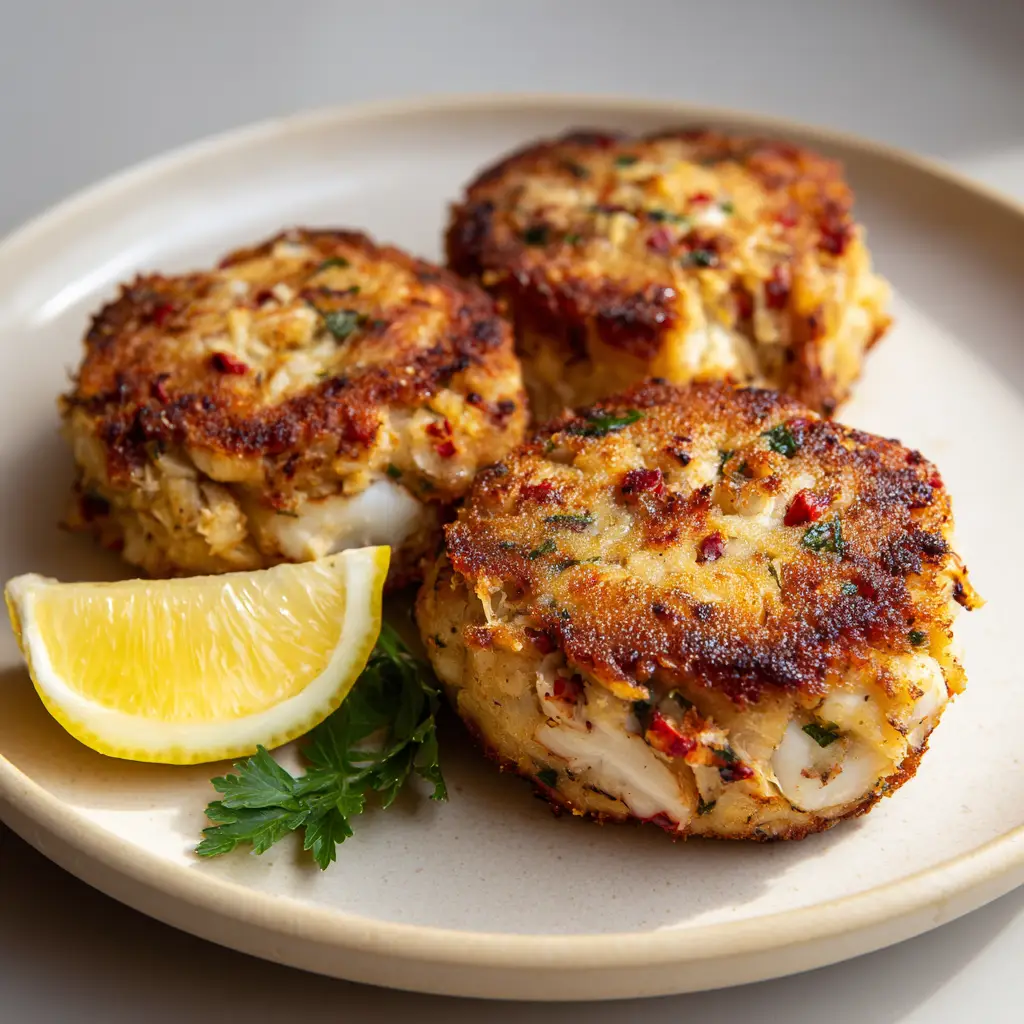 Old Bay Crab Cake Recipe: The Ultimate Maryland-Style Crispy Lump Crab Cakes 2 Close-up smartphone photo of seared lump crab cakes with fine parsley flecks and paprika grains. (Old Bay Crab Cake Recipe)