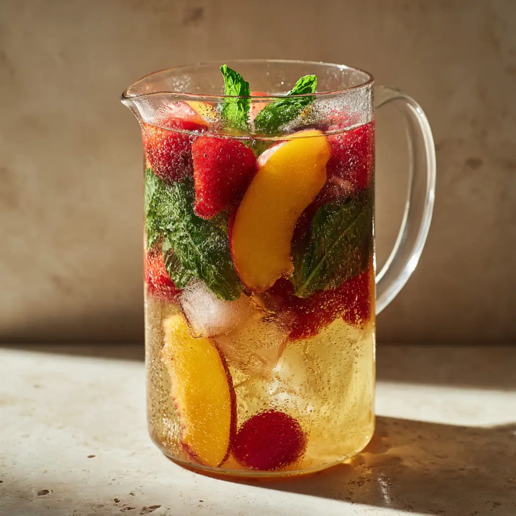 Morning daylight illuminating a pitcher of Peach Moscato Sangria with condensation on the glass and fresh mint sprigs.