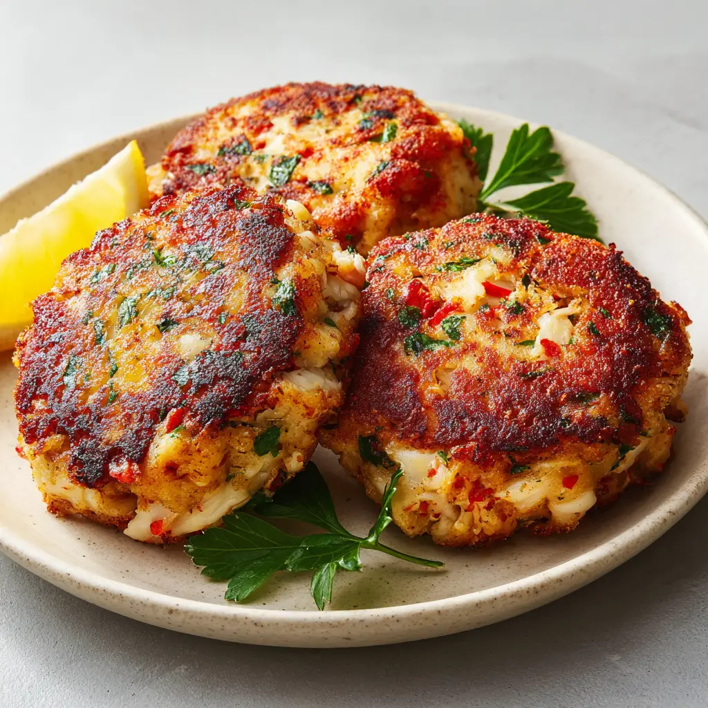 Old Bay Crab Cake Recipe: The Ultimate Maryland-Style Crispy Lump Crab Cakes 1 Three thick round crab cakes on a neutral ceramic plate with a lemon wedge and parsley sprig.