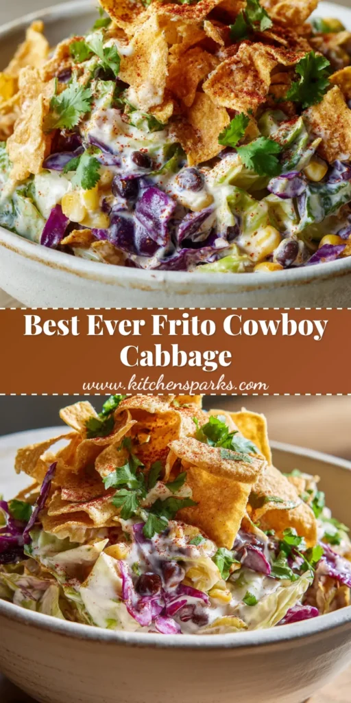 A towering bowl of Frito Cowboy Cabbage topped with crunchy corn chips and fresh cilantro. (Frito Cowboy Cabbage Recipe)