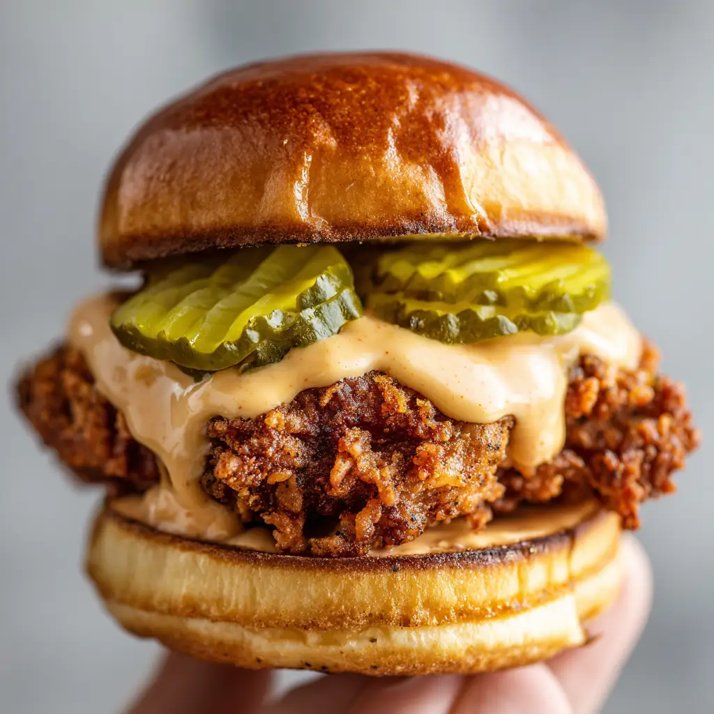 Side view of a Fried Chicken Slider with three crinkle-cut pickles and pale orange sauce dripping from the side.