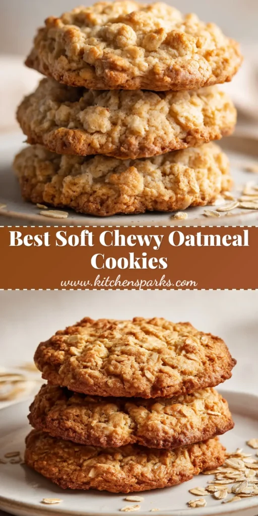 A slightly messy stack of three golden-brown Easy Oatmeal Cookies on a matte white ceramic plate, surrounded by scattered dry quick oats.