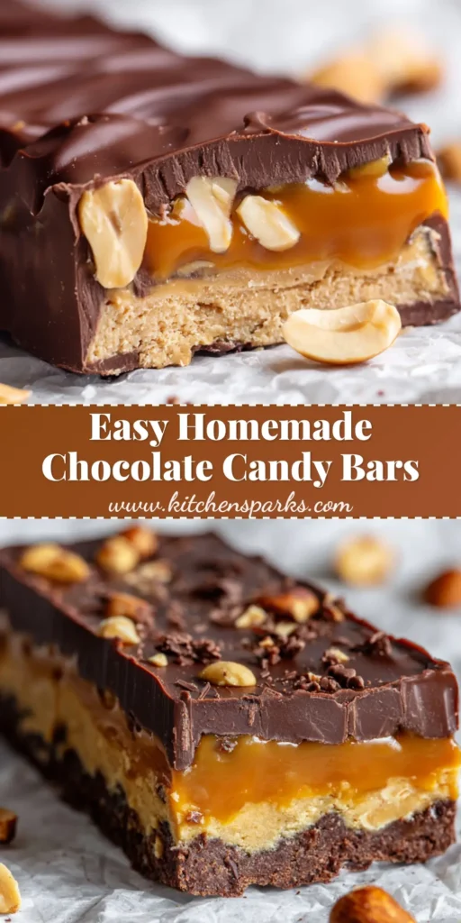 A close-up shot of a sliced Homemade Candy Bar showing dense vanilla nougat, glossy amber caramel packed with roasted peanuts, and a thick milk chocolate shell.