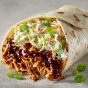 Detailed mobile photo of a BBQ chicken coleslaw wrap with mahogany BBQ sauce and vibrant green onions.