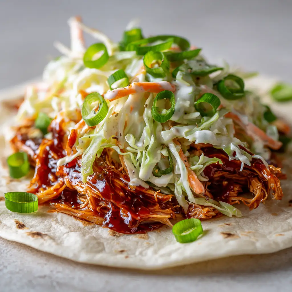 BBQ Chicken Coleslaw Wraps: The Ultimate Smoky and Crunchy Handheld Meal 1 A slightly messy, realistic assembly of a BBQ chicken wrap on a neutral surface in natural daylight.