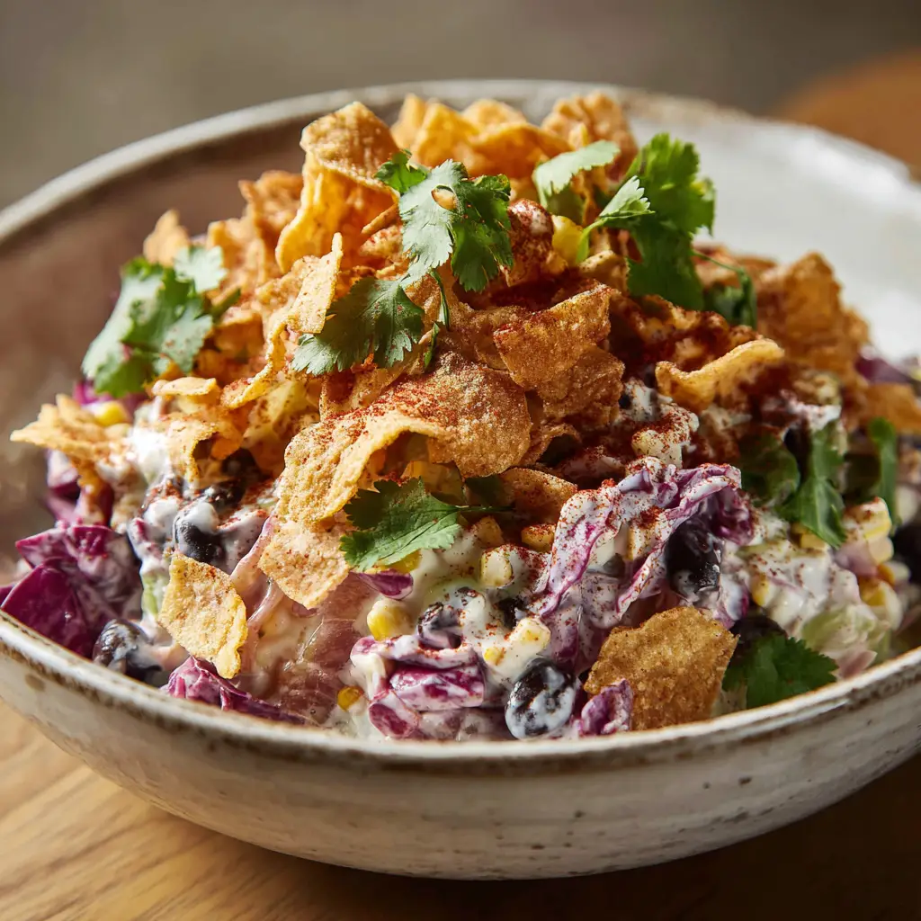 Close-up detail of golden Frito chips and smoked paprika dusting on top of a creamy cabbage slaw.