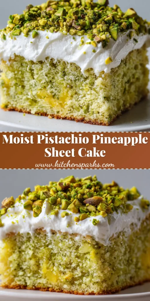 A tall square slice of Pistachio Pineapple Cake on a white plate with a thick 1-inch layer of whipped frosting and crushed green nuts.