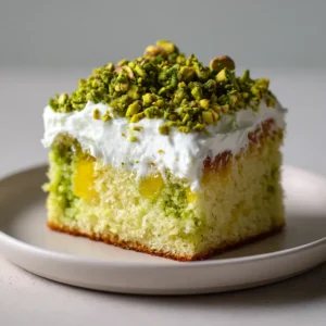 Close-up of a square slice of Pistachio Pineapple Cake showing the light-green porous sponge and yellow pineapple bits.